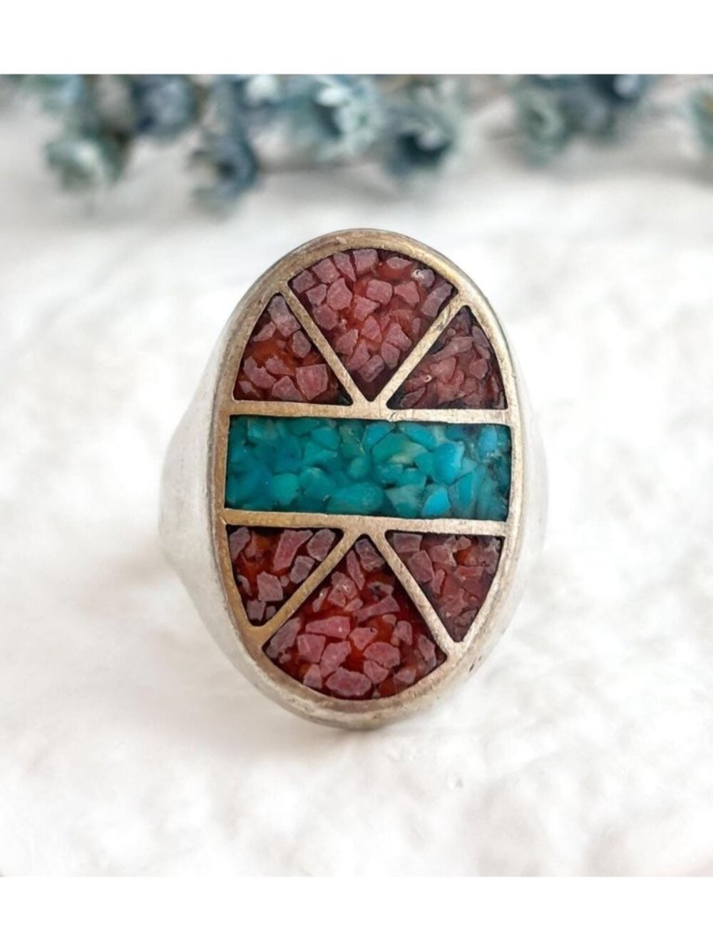 Mexican Turquoise & Coral Chip 800 Silver Southwest Made Vintage Ring - sz 11
